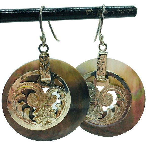 Abalone Shell Earrings Sterling Silver Etched Dangle Pierced Merav Mexico 925 - Picture 3 of 9